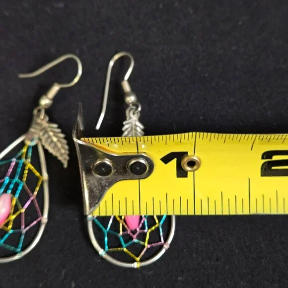 Dreamcatcher Dangle Earrings Multicolor Web Pink Bead Silver Tone Teardrop Boho - Picture 5 of 6